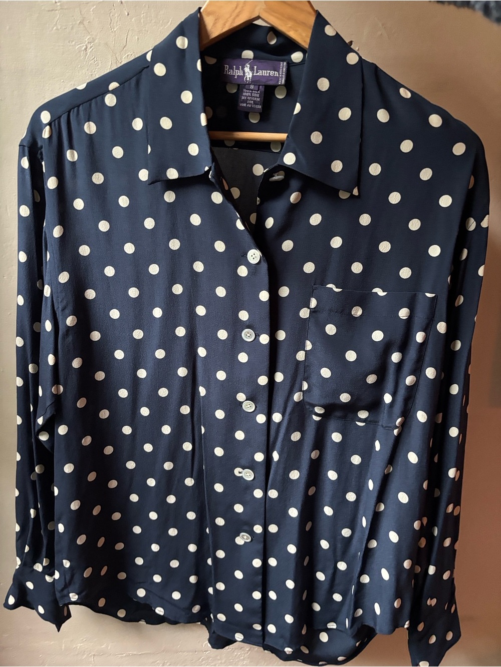 Ralph Lauren Purple Label 100% Silk Polka Dot Button-Down Shirt Blouse